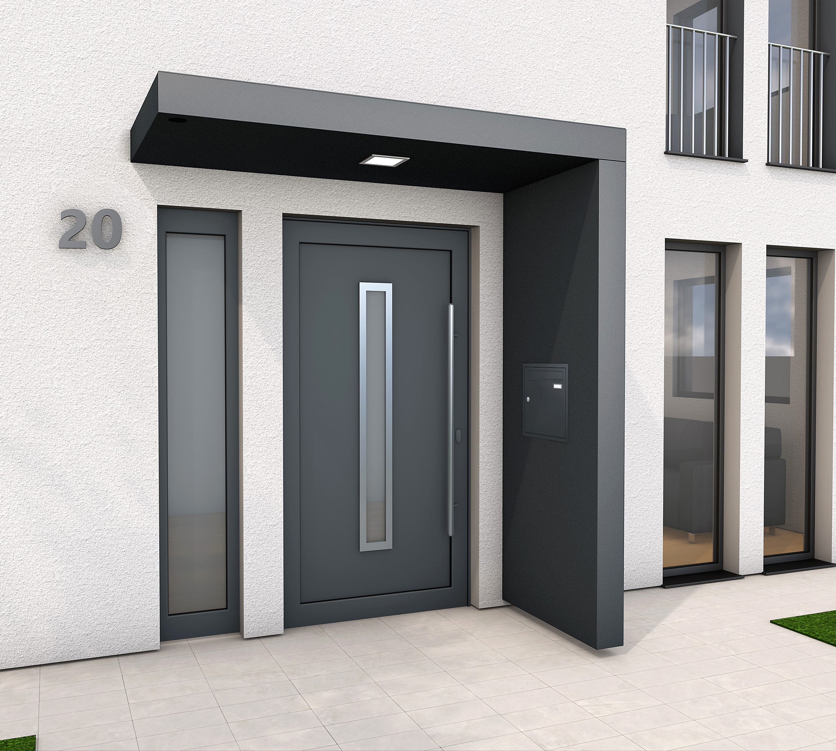 Gutta Rechteckvordach BS Plus 200 mit Seitenteil rechts und Briefkasten Standard anthrazit - mittiges LED-Panel