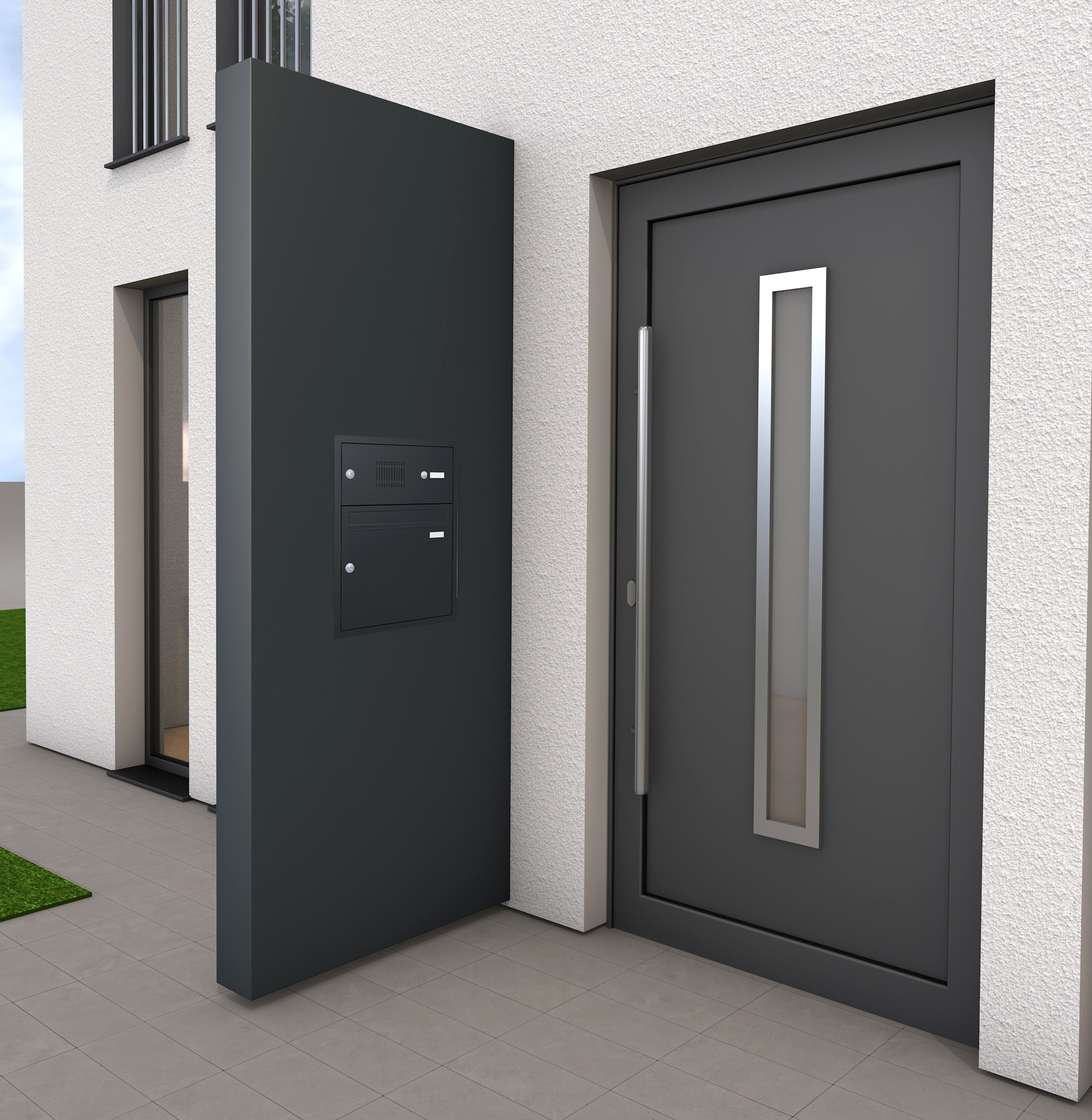 Gutta Rechteckvordach BS Plus 160 mit Seitenteil links und Briefkasten Funktionskasten anthrazit - mit LED-Streifen