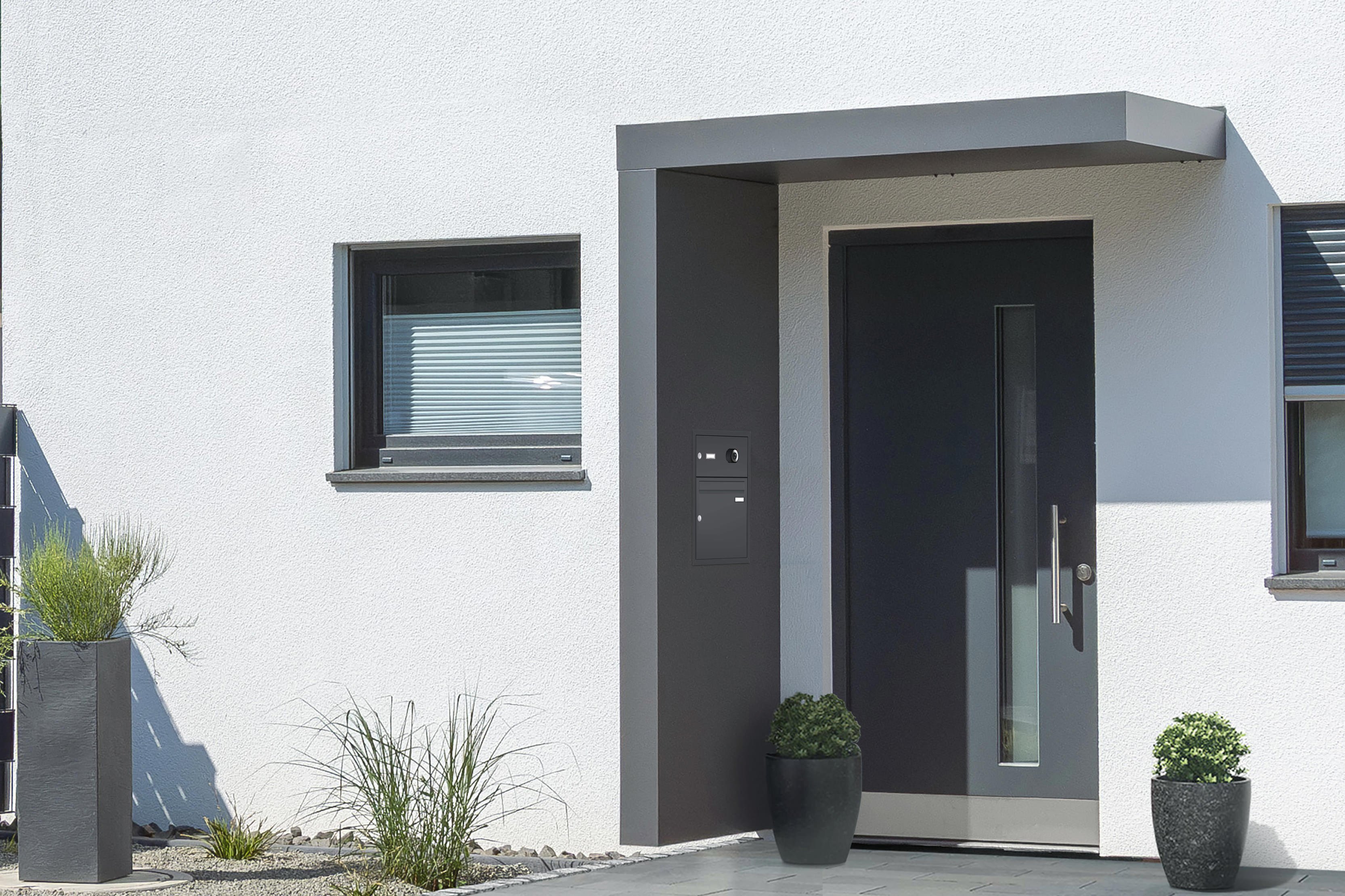 Rechteckvordach BS Plus 160 mit Seitenteil links anthrazit und Briefkasten Video anthrazit
