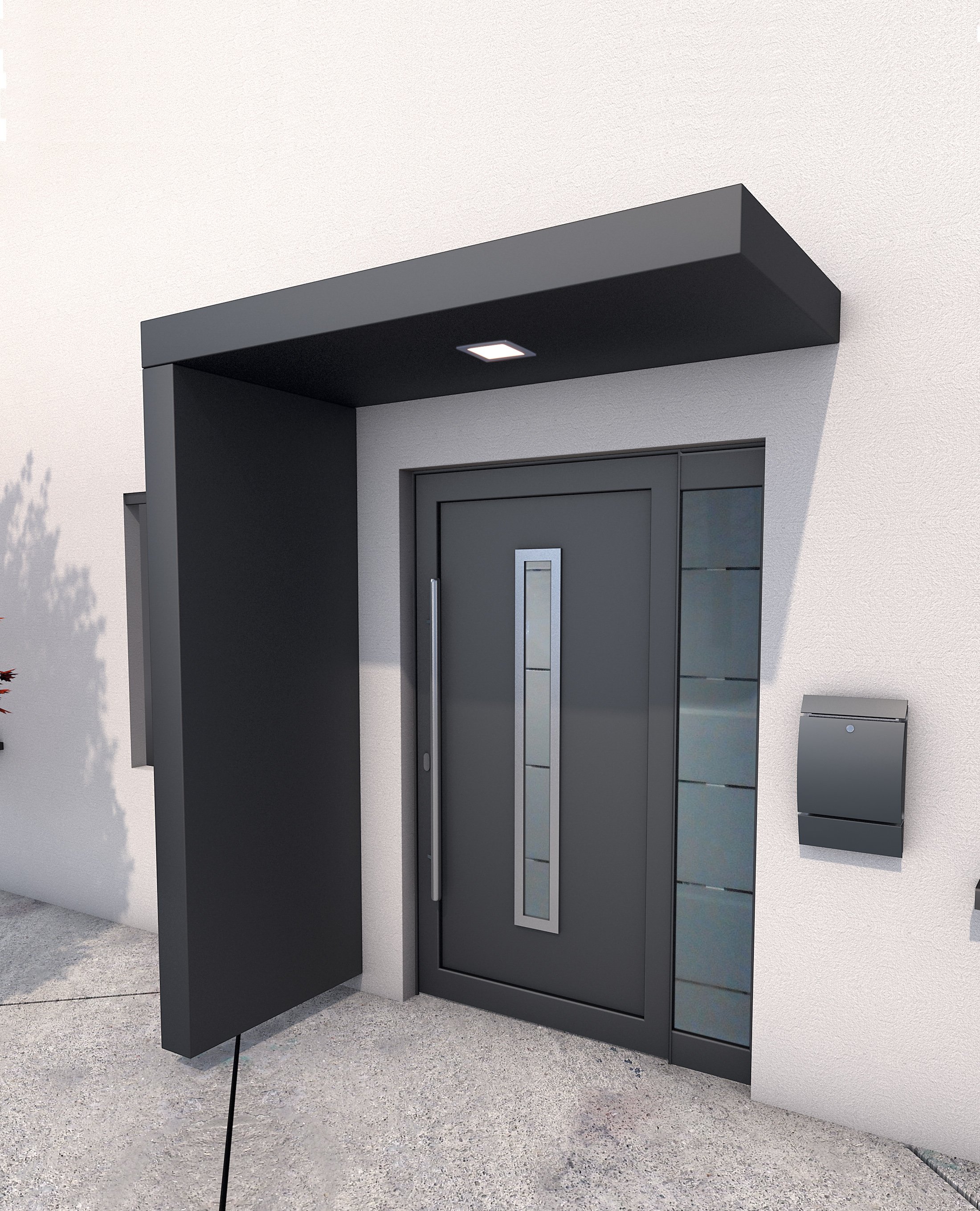 Rechteckvordach BS Plus 200 mit Seitenteil links anthrazit - mittiges LED-Panel
