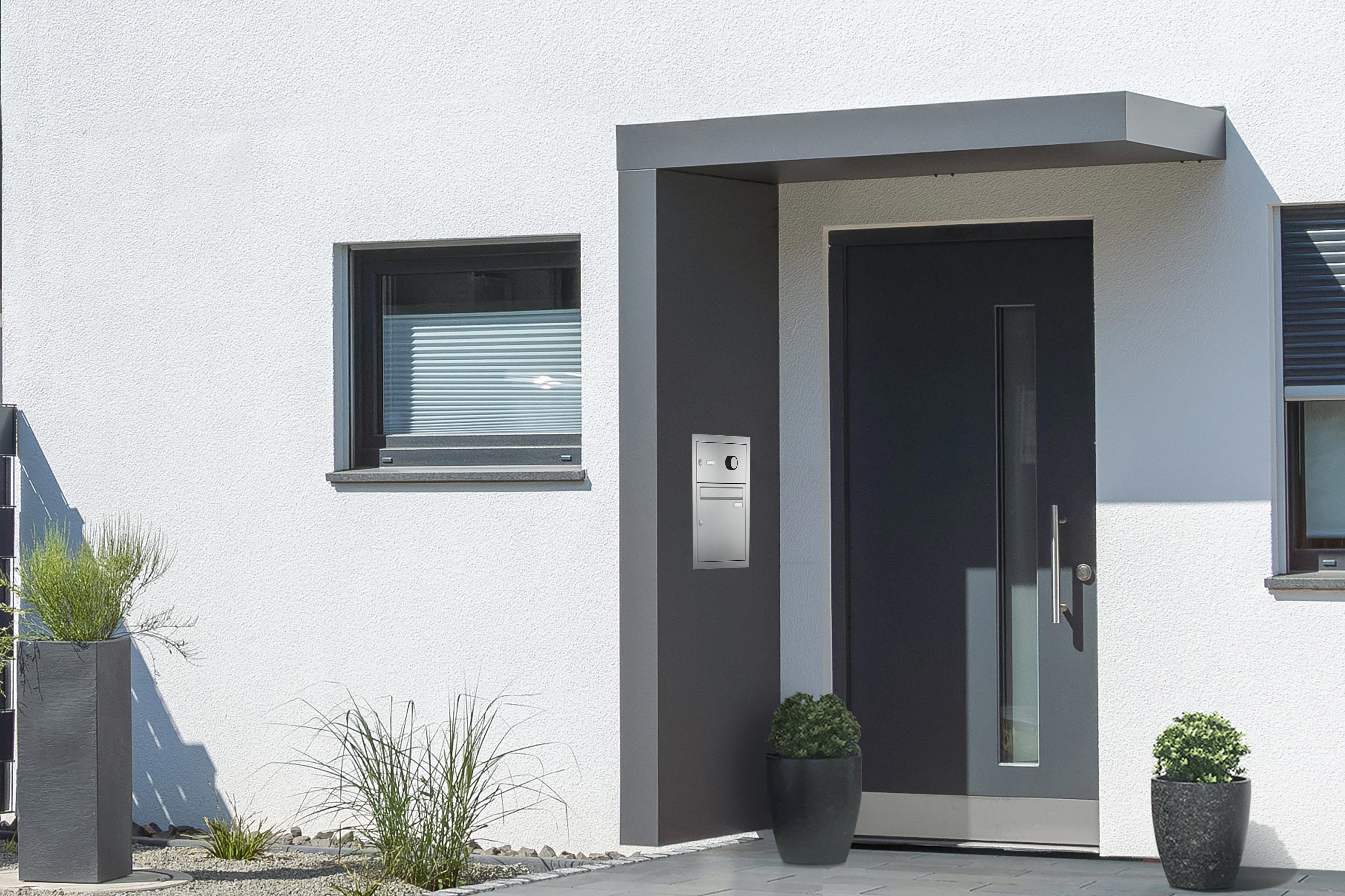 Rechteckvordach BS Plus 160 mit Seitenteil links anthrazit und Briefkasten Audio Edelstahl
