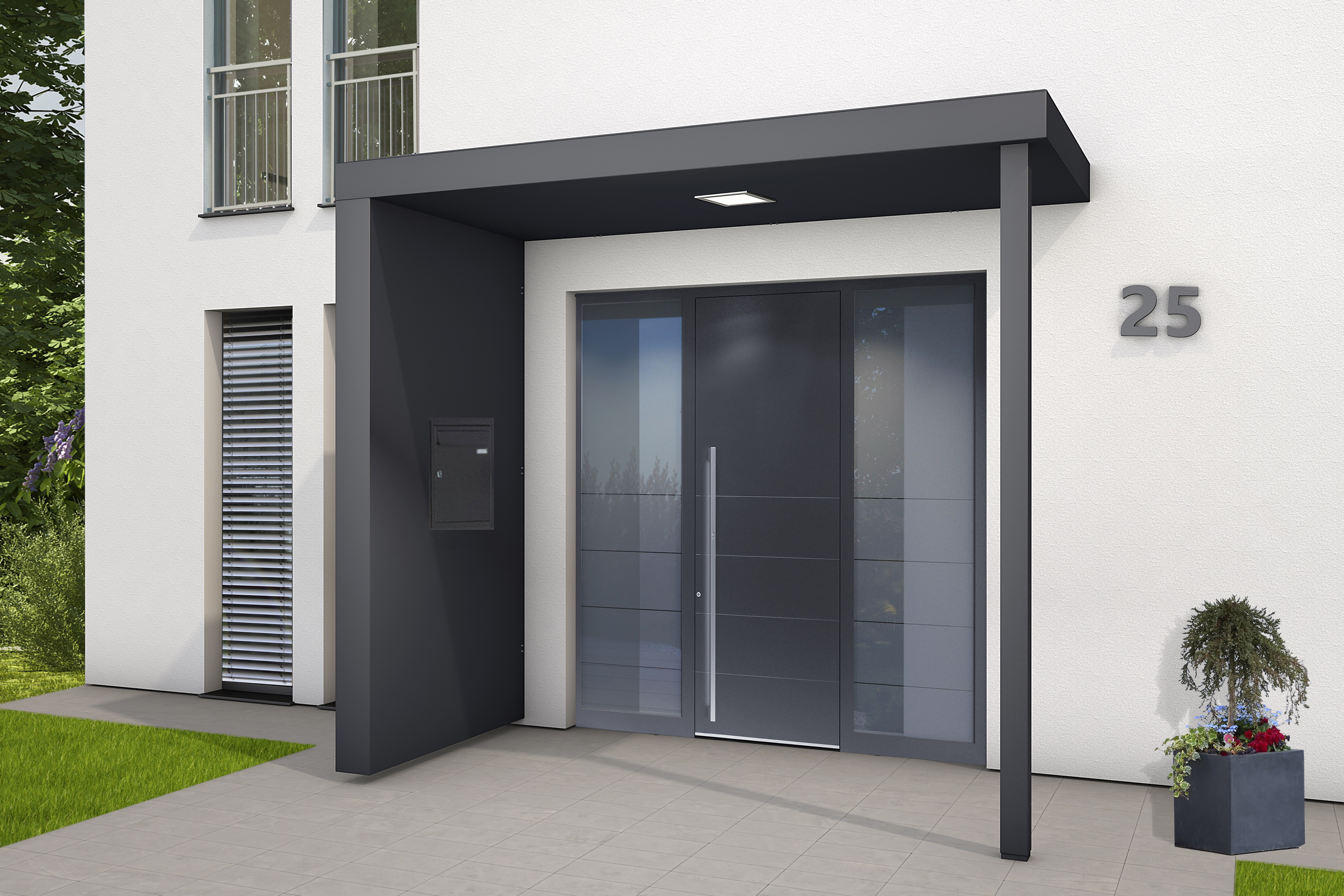 Rechteckvordach BS Plus XL mit 1 Pfosten und Seitenteil links anthrazit und Briefkasten Standard anthrazit